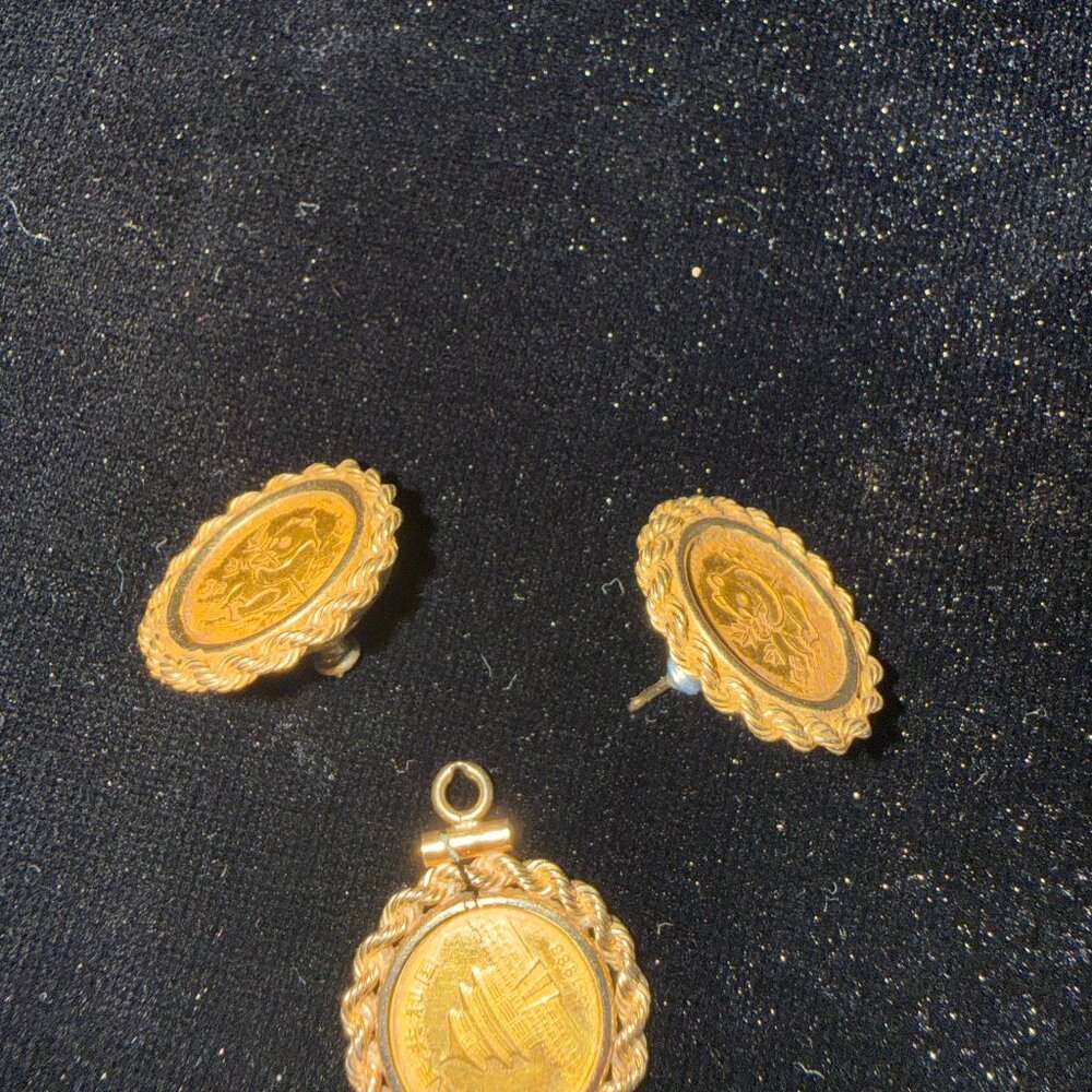 CHINESE GOLD PANDA PENDANT AND EARRINGS 14K 1983